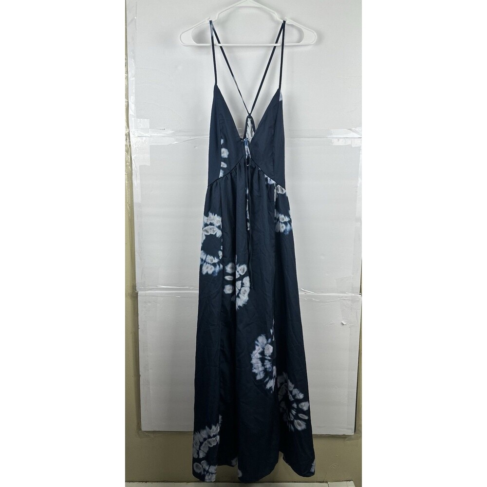 Navy Tie Dye Halter Maxi Dress Size M Back Zip Boho Sundress